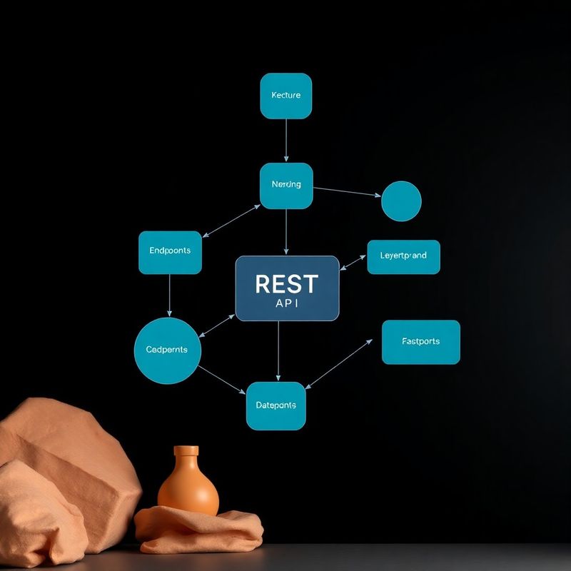 Diagramma astratto di architettura API con nodi e frecce in gradiente teal