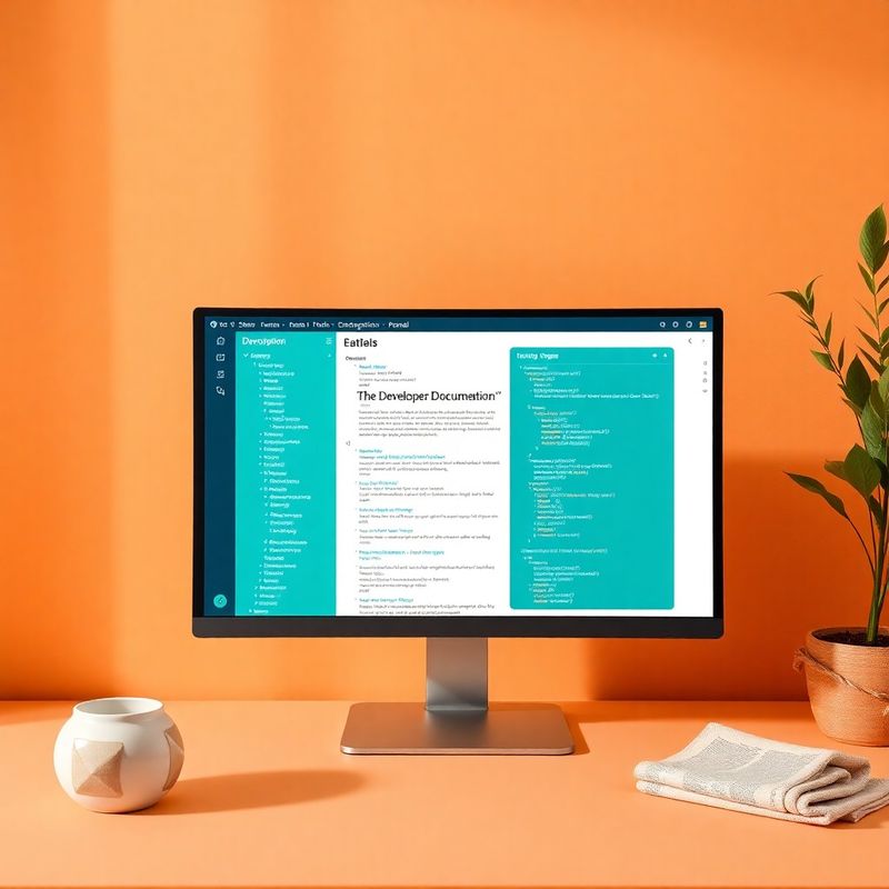 Mockup di portale documentazione per developer con sidebar teal e code snippet
